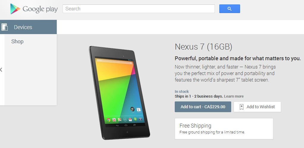 New Nexus 7 16GB in Canada Play Store 130813